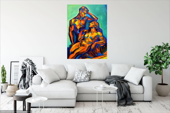 Image 1 of Peinture originale « Adam et Ève » – Art cubiste moderne (100 x 70 cm)
