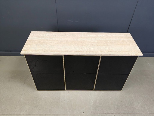 Vintage Black Lacquered and travertine credenza, 1980s