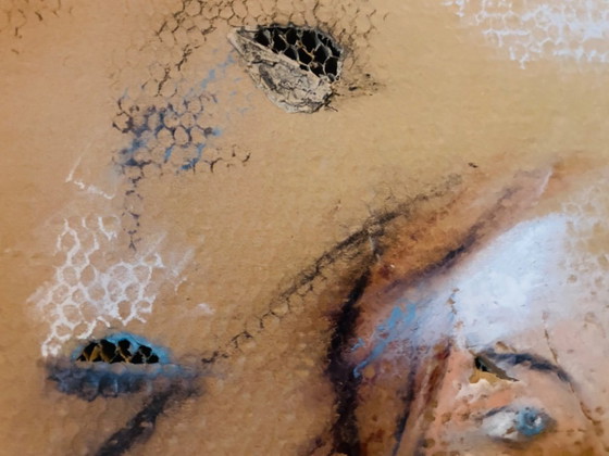 Image 1 of A female portrait painting created on old, worn, honeycomb-patterned cardboard packaging.