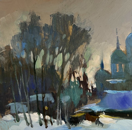 Image 1 of Original Oil Painting Winter Church Landscape View of the monastery in the evening