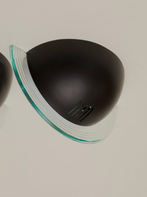 Image 1 of Pair of vintage Postmodern Memphis half-moon wall lights in metal and lucite, circa 1980