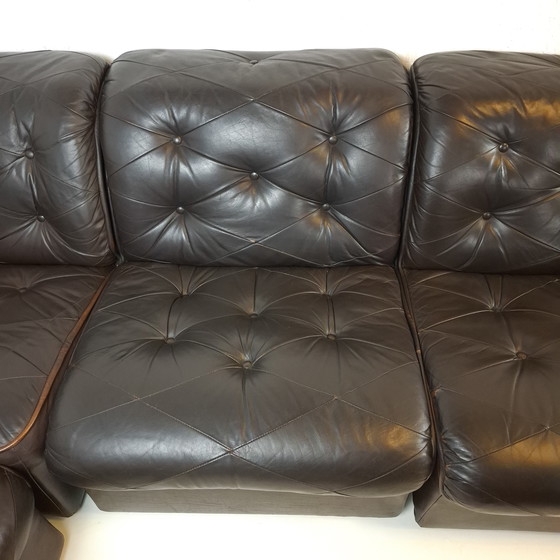 Image 1 of Canapé d'angle modulable vintage 7 pièces en cuir noir/marron