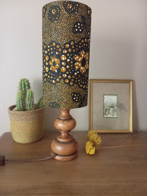 Wooden Table Lamp Turned Vintage Shade Wax Ethnic Hand-Crafted