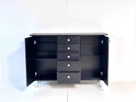 Vintage Sideboard in Black, 5 Drawers, Crystal Knobs & Chrome Feet, 1990s, Wood, Metal, Modern (photo 4 of 15)
