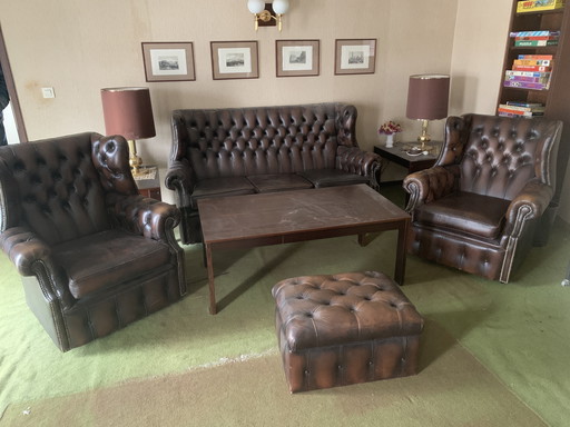 Chesterfield fauteuil, bank, poef, zitset, vintage, retro