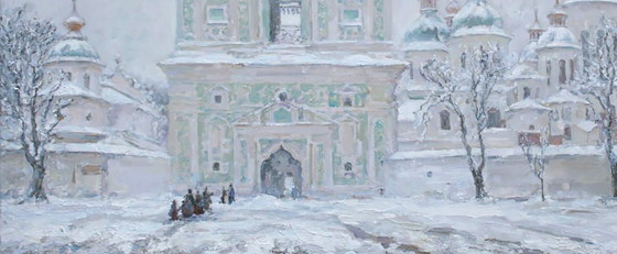 Original Oil Painting Winter Architecture Temple Snow Covered Church – Paintings & Drawings, Canvas (photo 4 of 5)