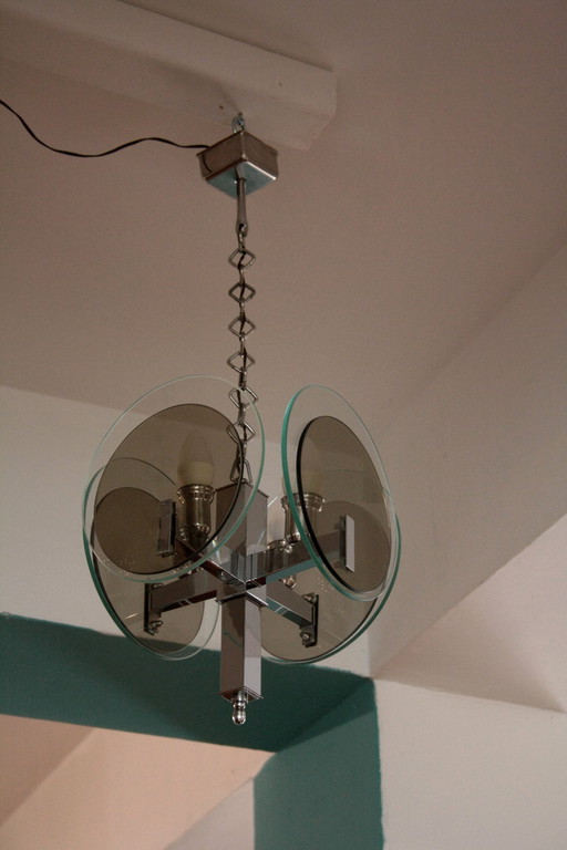 Vintage Art Deco chandelier in chromed metal and glass, Italy, 1970s