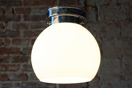 Restored Bauhaus Ceiling Lamp, Chrome-Plated Steel, Opal Glass, Czech, 1930s, Lighting, Silver (photo 3 of 5)