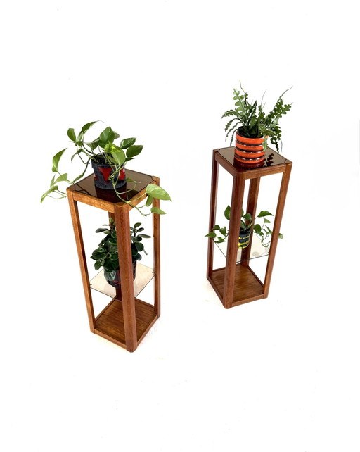 Supporto per piante vintage in teak e vetro fumé, Uldum Møbelfabrik anni '60 – plantentafel, Glass, Wood