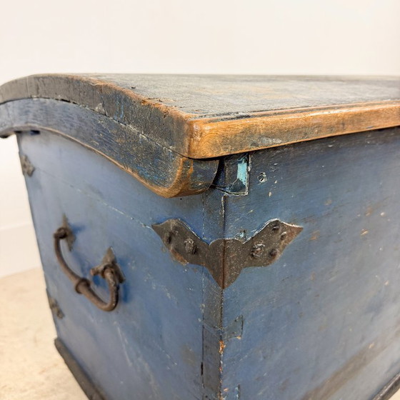 Baule antico dipinto di blu del 1871, Armadi contenitori, Legno, Metallo, Vintage (foto 7 di 15)