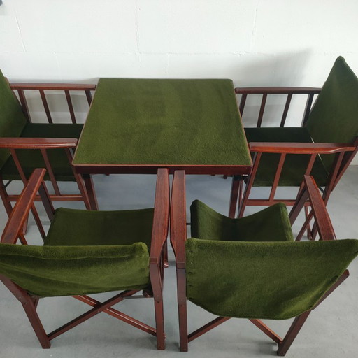 Unico e raro set di tavoli da ponte con sedie da regista "pieghevoli" dei fratelli Green degli anni '50