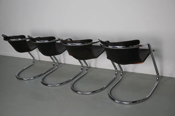 Image 1 of Set van vier bruine leren eetkamerstoelen, Willy Rizzo, jaren 1970
