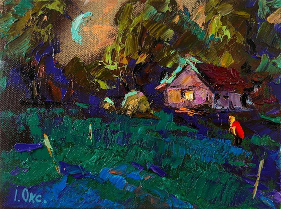 Image 1 of Original Oil Painting Summer House Landscape Moonlit Country Night