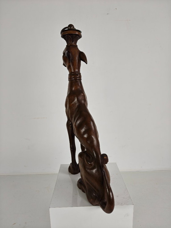 Image 1 of Hand-Carved Wooden Greyhound Statue – 20th Century