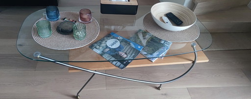 Vintage mid-century coffee table with heavy glass top and chrome frame (1960s)