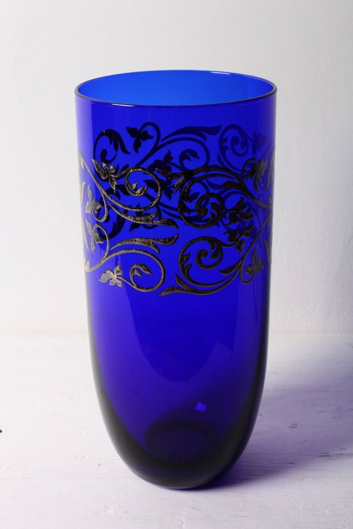 Vintage Cobalt Blue Crystal Vase with Silver Ornament / Fani Argento / Italy / 1930s