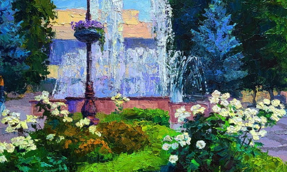 Image 1 of Origineel olieverfschilderij Stadsgezicht Zomer Stadsplein met fonteinen