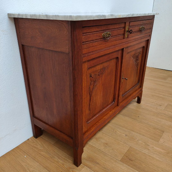 Image 1 of Vintage dresser, sideboard, chest of drawers bathroom vanity with white marble top.