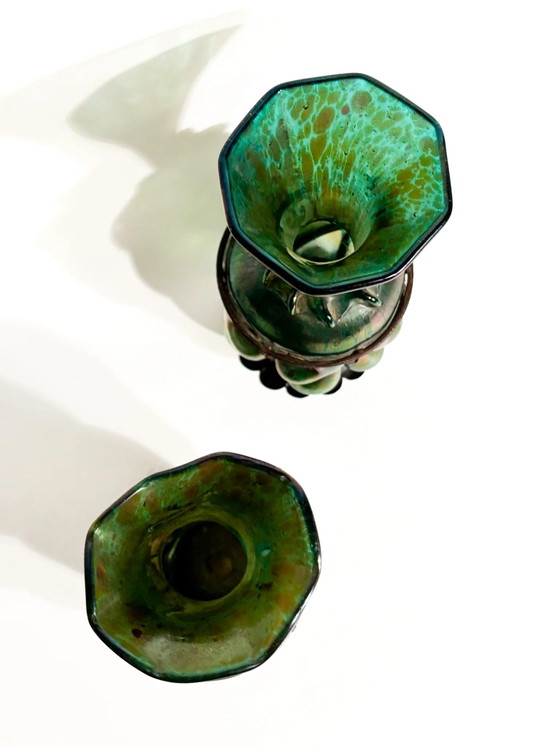 Pair of 1920s Loetz Glass and Wrought Iron Vases – Art Nouveau (photo 11 of 21)