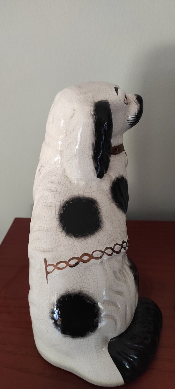 Image 1 of Chiens de cheminée style Staffordshire vintage (paire) – Céramique noire et blanche – 23 cm