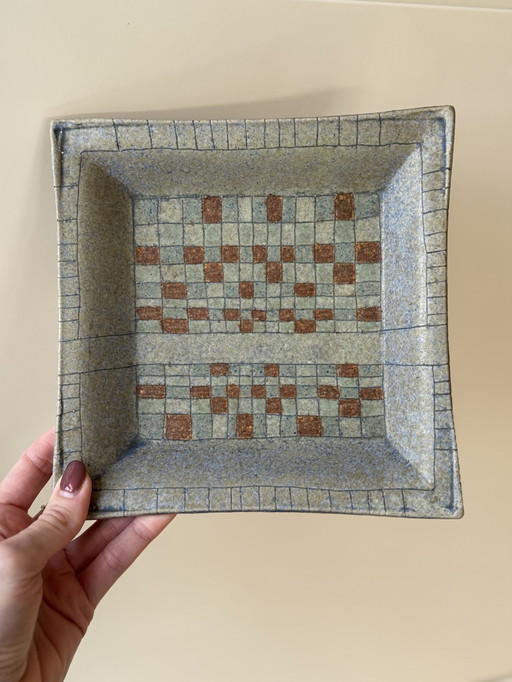 Handgemaakt vintage studio-keramiek bord jaren 70 – grafisch - wandbord