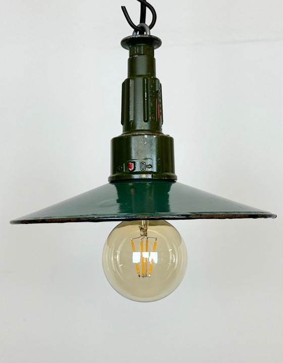 Image 1 of Industrial Petrol Enamel Military Pendant Lamp with Cast Aluminium Top, 1960s