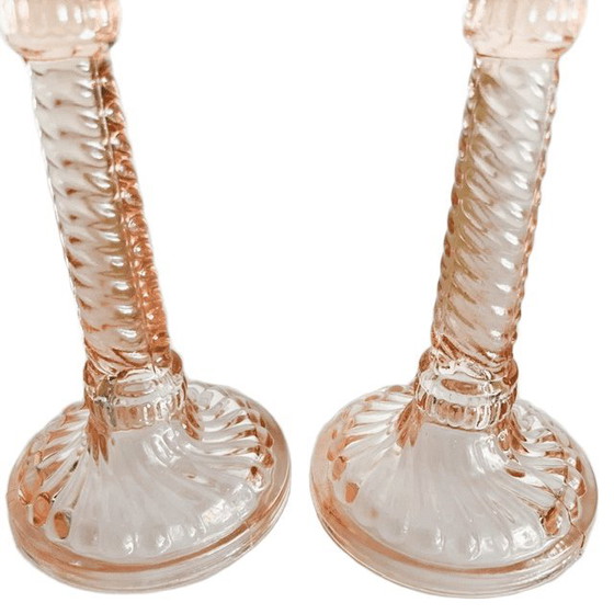Vintage Paar Art Deco Rosaline Kandelaars Roze Glas Pavillons 1920's – Kandelaars en kaarsen (photo 3 of 7)
