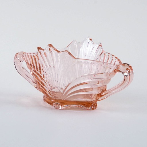Cuenco de vidrio prensado rosa, diseño italiano, años 70, fabricado en Italia.