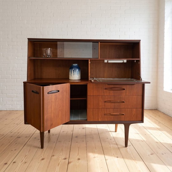 English Jentique Teak High Board with Bar/Display Cabinet Space, Wood, Glass, Brown, Mid Century Modern (photo 2 of 6)