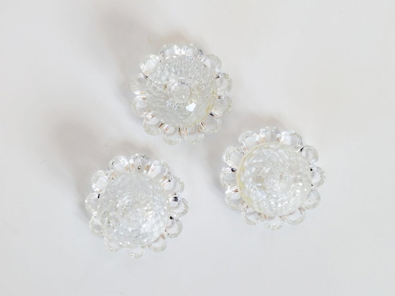 Image 1 of Set of 3 Vintage Crystal Candle Holders, Midcentury Faceted Glass Daisy Base Ornaments