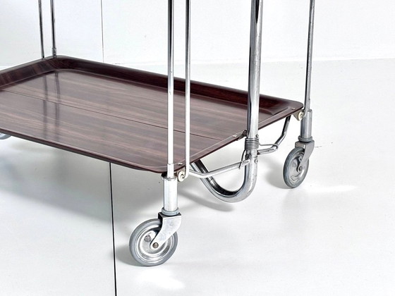 Desserte Bremshey Dinett, pliable, chrome et aspect bois foncé, Mid-Century, Argenté, Vintage (photo 13 sur 15)