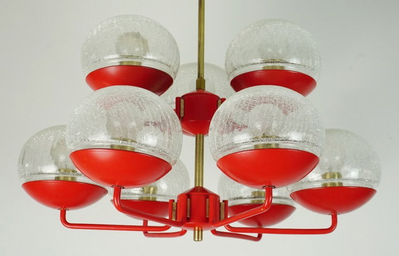 Image 1 of stunning 1960s 70s mid century modern CHANDELIER, red metal and brass, 9 crackle glass shades