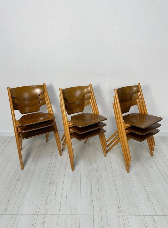Image 1 of Vintage Hiller stapelbare multiplex stoelen, Duitsland, jaren 1950, in de stijl van Egon Eiermann.