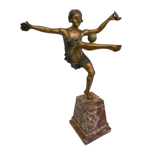 Leonildo Giannoni, Art Deco Naakte Danseres met Schijven, jaren 30, Polychroom Brons