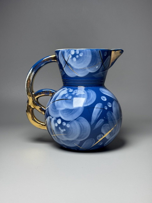 Boch Frères Keramis – Raymond Chevallier – Art Deco Krug – Kobaltblau & Handbemalte Blumendekoration – Belgien, 1930er Jahre