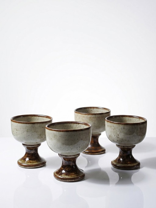 Set of 4 vintage glazed stoneware cider bowls/ice cream cups with stems
