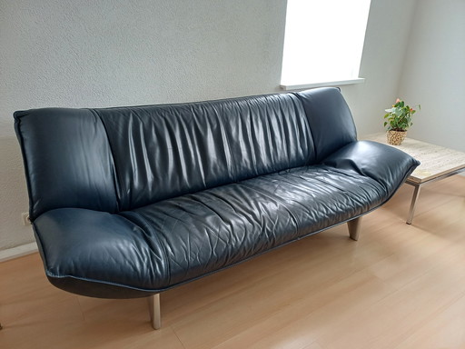 Canapé 3 places Leolux cuir Tango Topaz 6247 bleu nuit aluminium poli Jan Armgardt