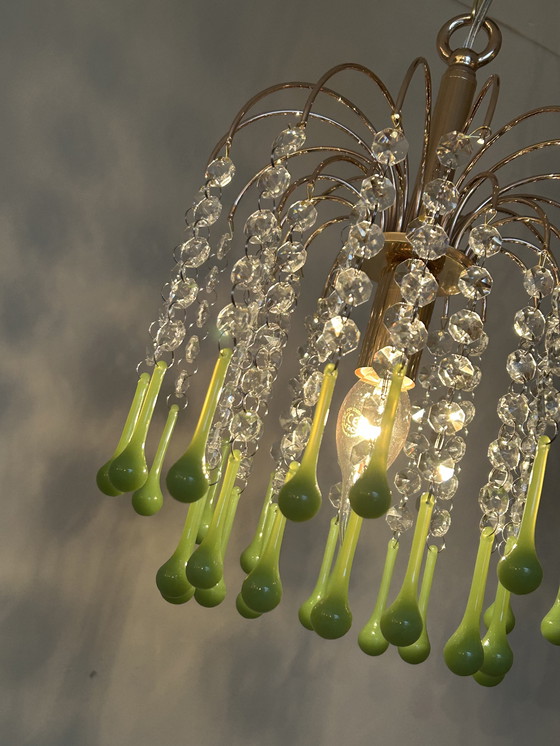 Image 1 of 5 Pieces Vintage Opaline Green Crystal Teardrop Chandeliers
