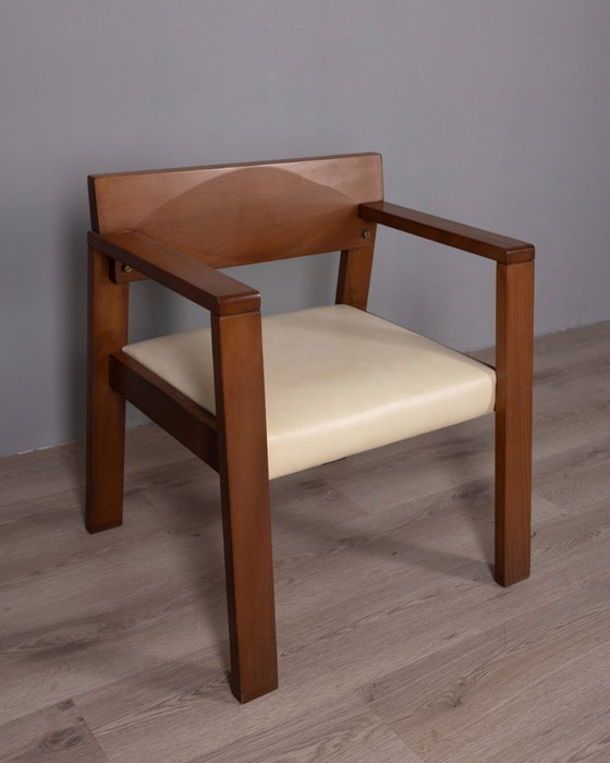 Image 1 of Poltrona vintage italiana in legno e pelle, anni '80