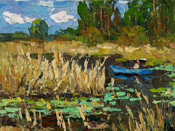 Image 1 of Original Oil Painting Summer River Landscape Where water sleeps