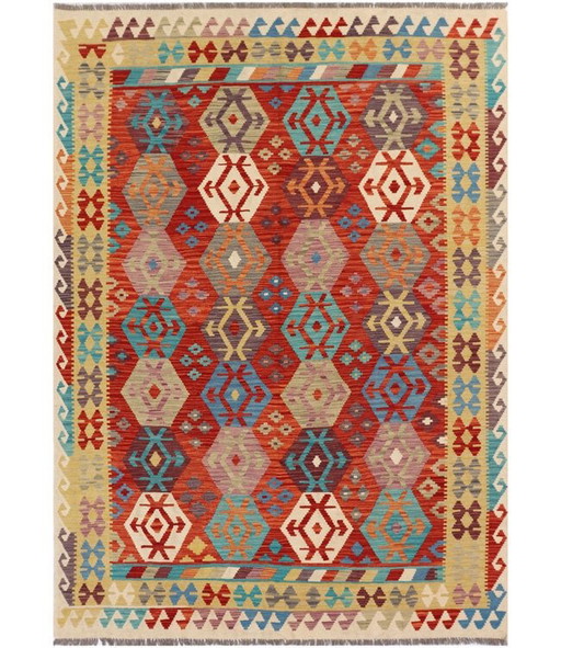 Tapis Kilim Afghan Tissé à la Main – 300x204 cm – Base Rouge avec Motifs Tribaux Hexagonaux