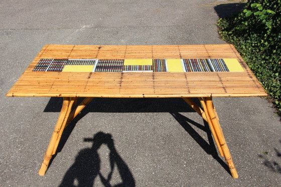 Image 1 of Table haute en céramique et rotin de Audoux Minet et Roger Capron