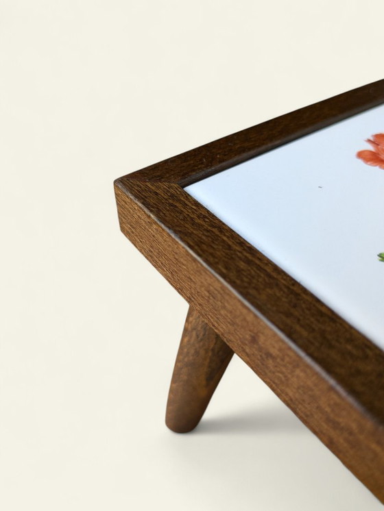 Image 1 of Rare vintage mini flower table with tile motif - yellow flower - 60s