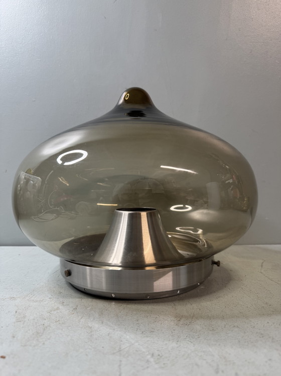 Magnifique Plafonnier Vintage Dijkstra Space Age (Verre Fumé, Années 70) – Dijkstra Lampen, Glass, Metal (photo 10 of 12)