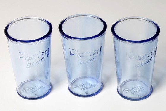 Image 1 of Set van 3 vintage Derby Blue glazen in lichtblauwe kleur / Rastal / Italië / 2001