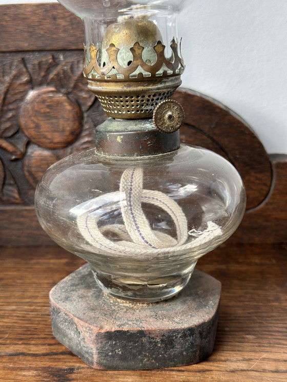 Image 1 of Vintage Oil Lamp with Glass Chimney and Brass Burner – Timeless Domestic Light