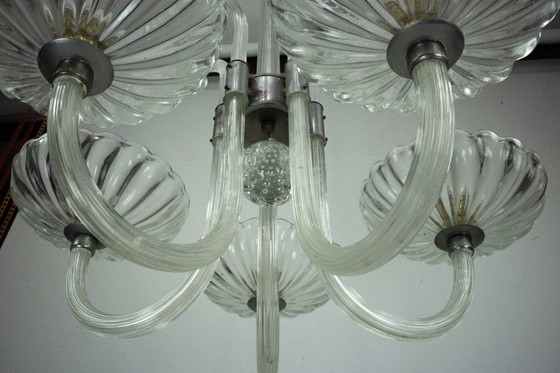 Image 1 of Rare Art Deco Italian Five-Arm Murano Glass Chandelier attributed to Seguso, 1940s