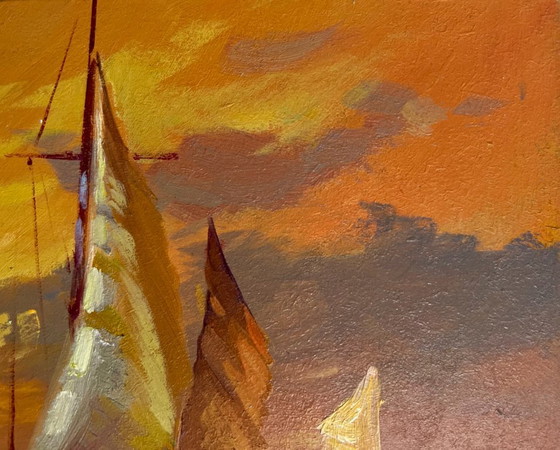 Image 1 of Original Oil Painting Sea Evening Landscape In the evening at sea