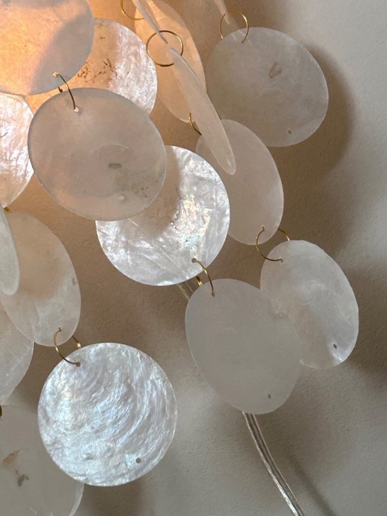 Image 1 of Set of 2 Capiz Shell Wall Lights Pearl Opaline Gold Frame