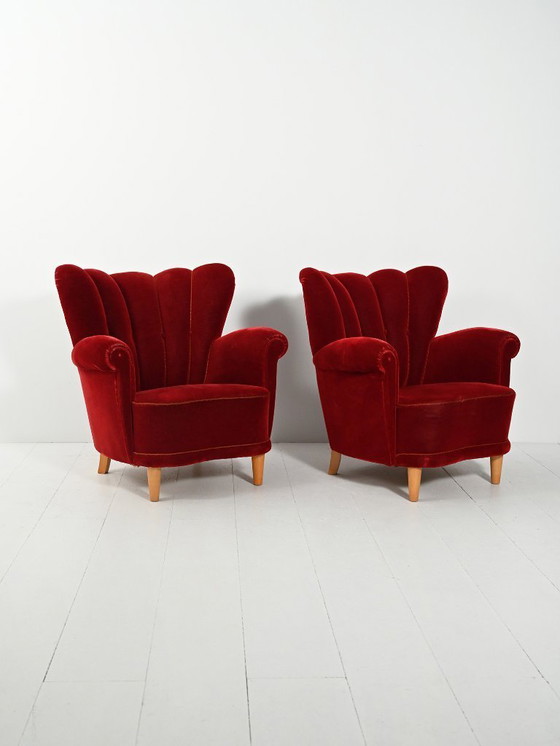 Image 1 of Coppia di poltrone svedesi con schienale a conchiglia degli anni '40